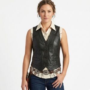 Leather Works Genuine Leather Vest Pockets Western Biker Men's S, Womens M Black
